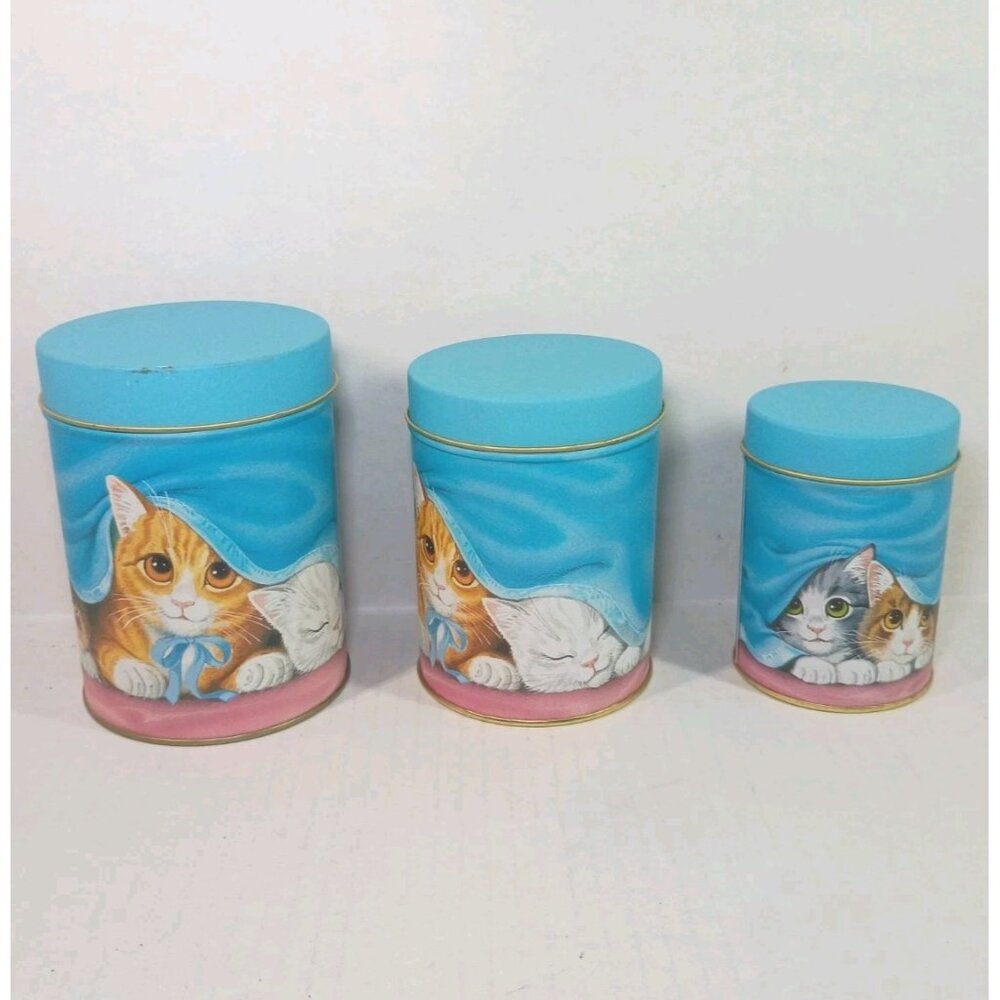 Vintage Cats Kittens Metal Nesting Canisters Tins Baby Blue Set Of 3 JSNY Cute
